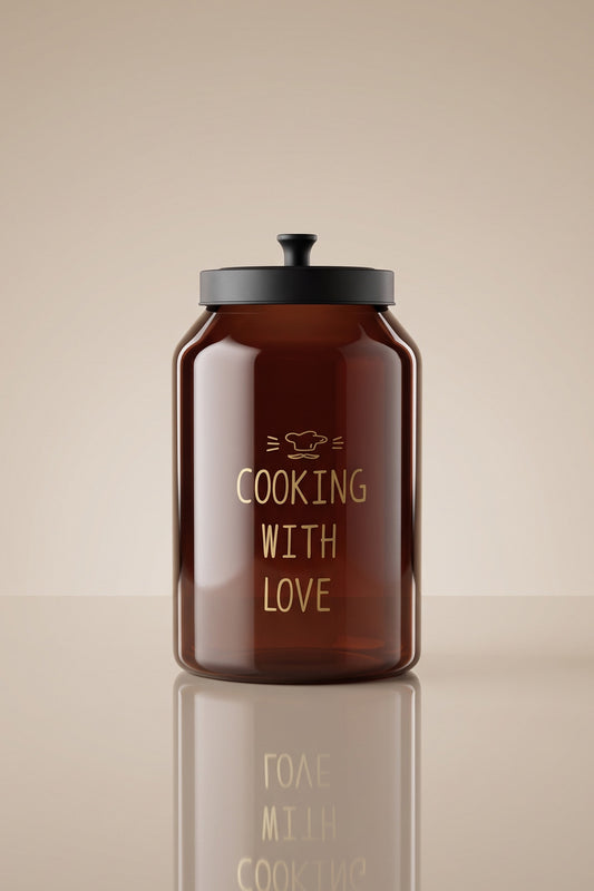 Siyah metal kapaklı 4 litre amber cam kavanoz, Cooking With Love baskılı