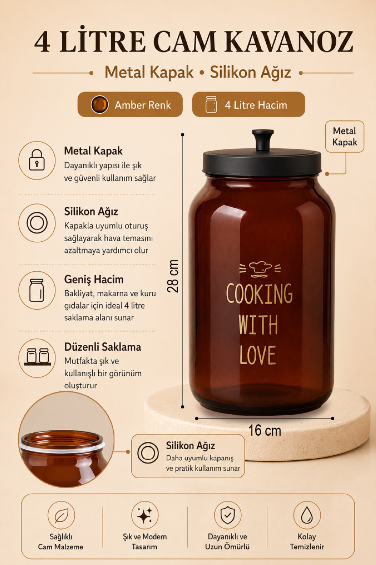 4 litre amber cam kavanozun metal kapak, silikon ağız ve 28x16 cm ölçü bilgileri
