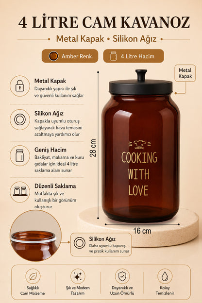 4 litre amber cam kavanozun metal kapak, silikon ağız ve 28x16 cm ölçü bilgileri