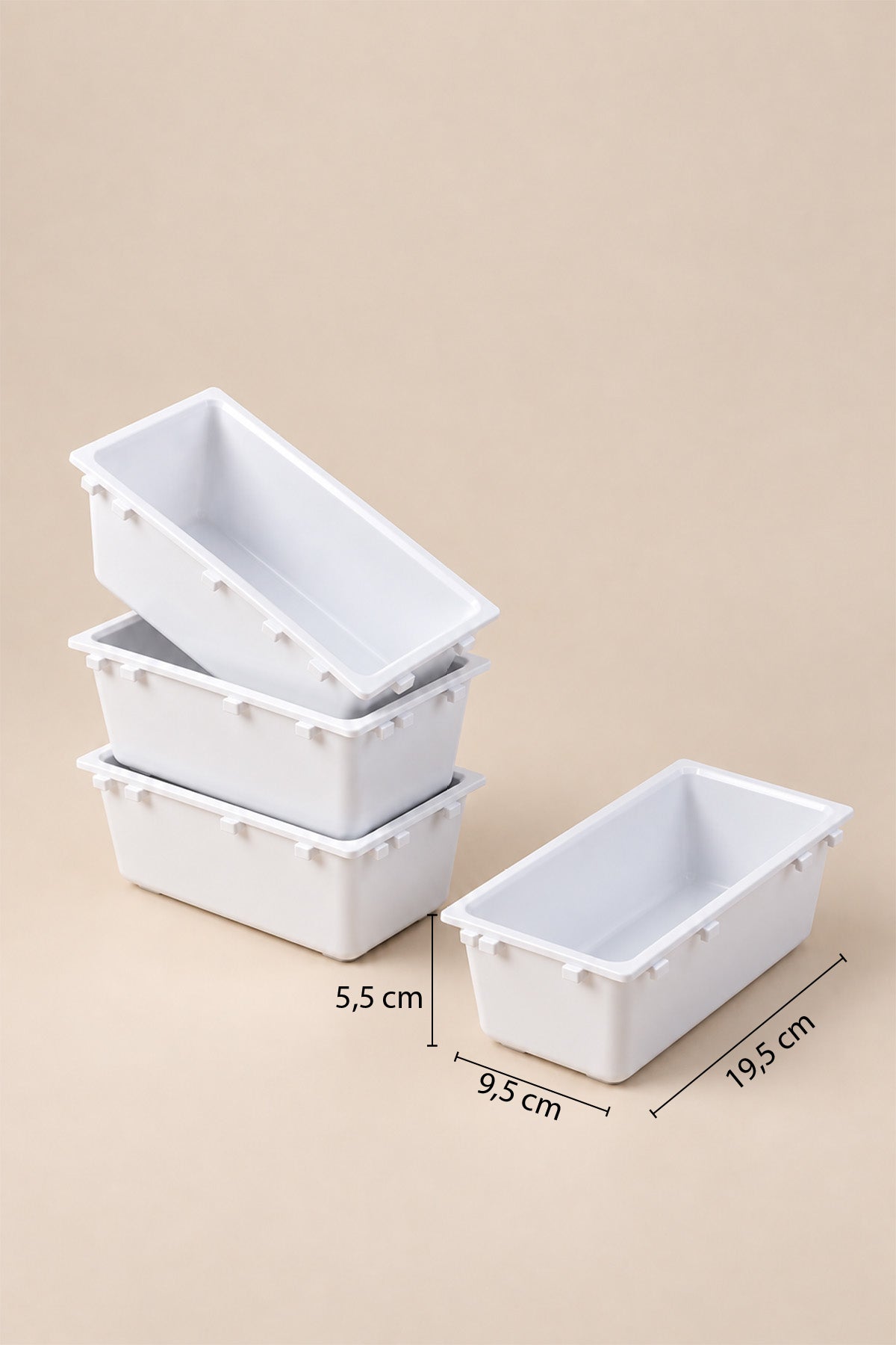 19,5 x 9,5 x 5,5 cm ölçüleri gösterilen beyaz modüler çekmece düzenleyici kutular