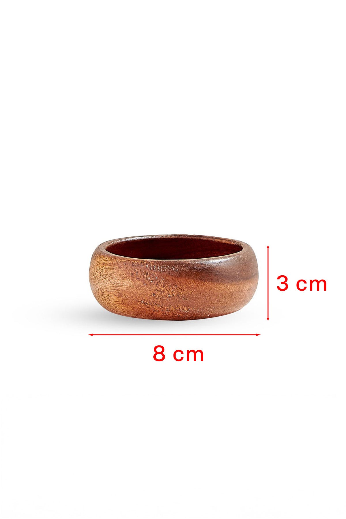 8 cm çap ve 3 cm derinlik ölçüsü işaretlenmiş ahşap çerezlik kase