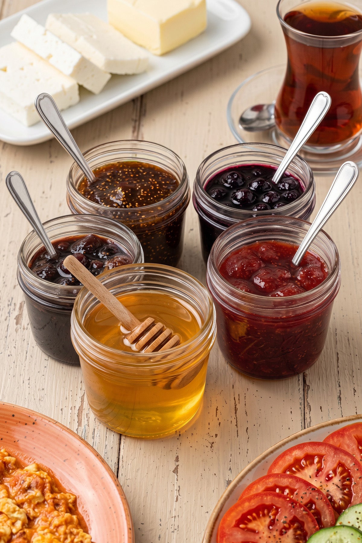 Çay ve peynirli kahvaltıda kaşıklı mini cam kavanozlarda bal ve reçeller