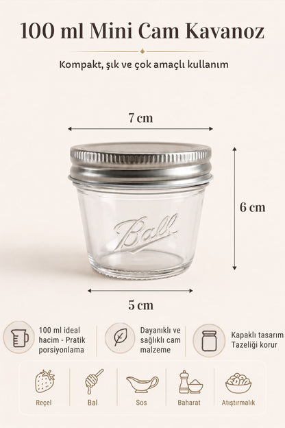 100 ml mini cam kavanoz ölçü görseli: 7 cm çap, 6 cm yükseklik, 5 cm taban
