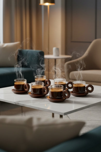 Oturma odasında dumanı tüten Türk kahvesiyle dolu akasya kulplu cam fincanlar