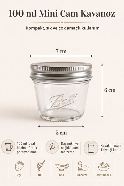 100 ml mini cam kavanoz ölçüleri: 7 cm üst çap, 5 cm taban, 6 cm yükseklik