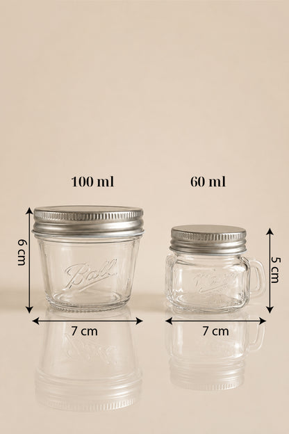 100 ml reçellik ve 60 ml kulplu sosluk kavanozun ölçülerini gösteren görsel