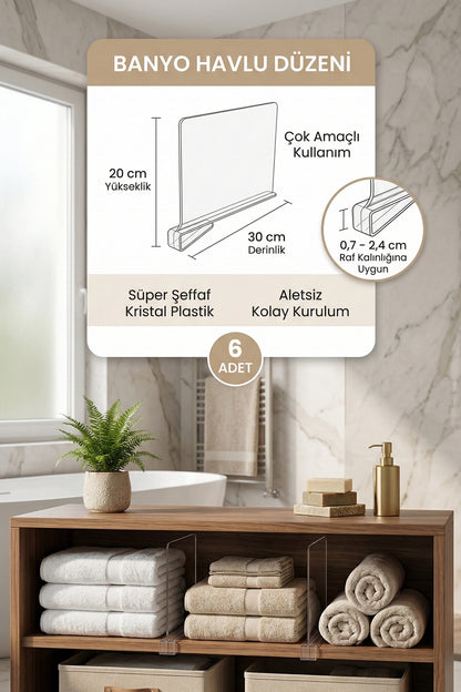 Banyo rafında havluları düzenleyen akrilik raf ayırıcı ve ölçü bilgisi