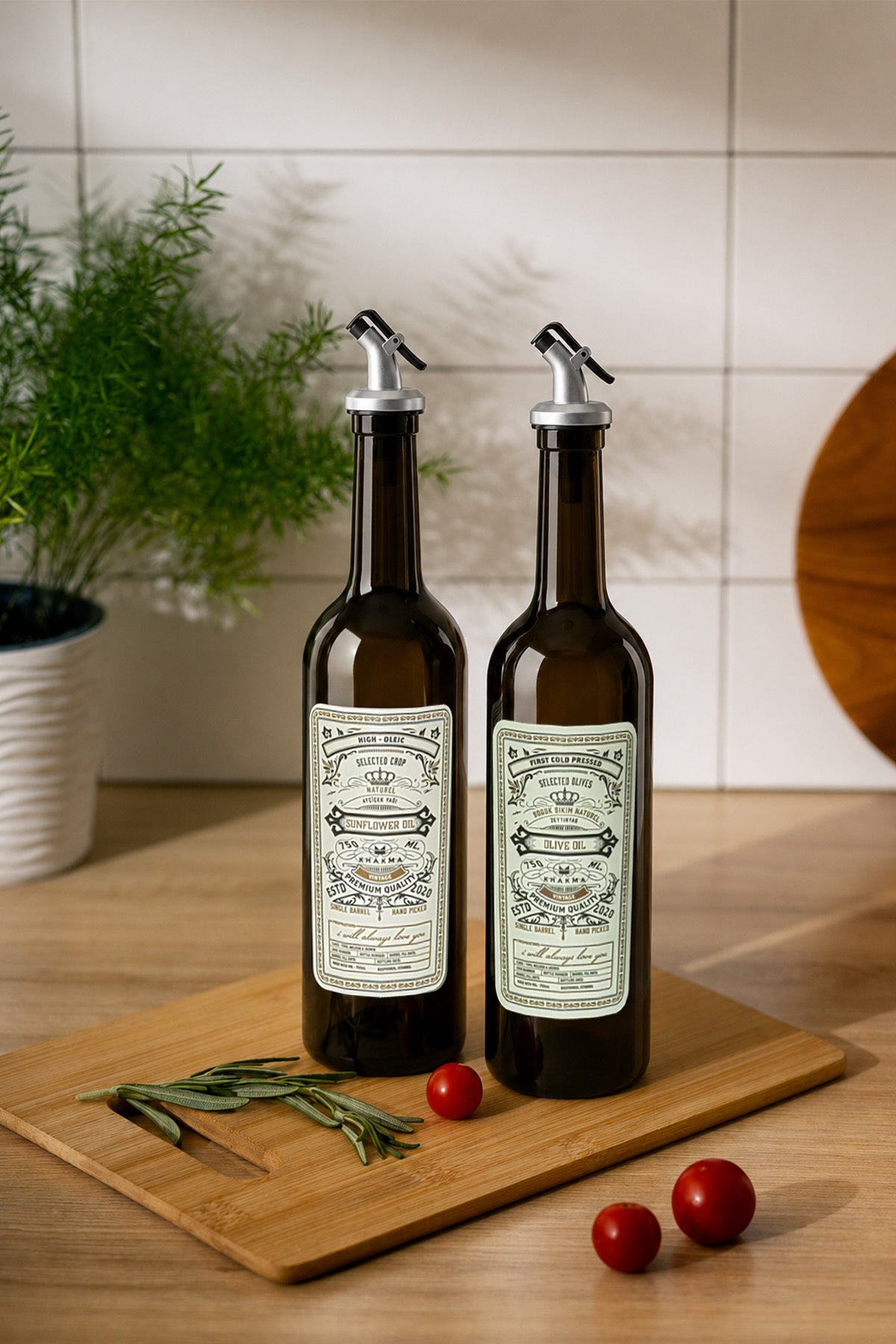 Kesme tahtası üzerinde biberiye ve domates yanında 750 ml cam yağ şişeleri