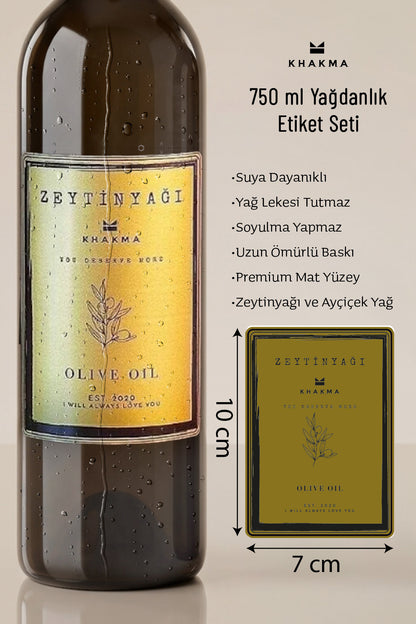 Gold zeytinyağı etiketi şişe üzerinde, 7x10 cm ölçü ve özellik listesiyle