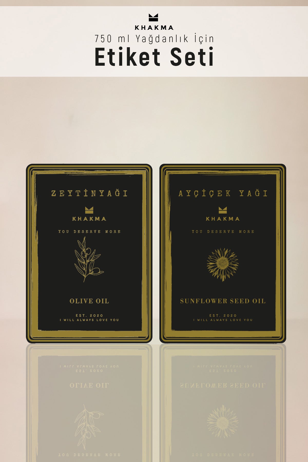 Siyah zeminli gold yazılı zeytinyağı ve ayçiçek yağı etiket seti