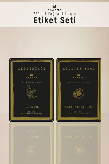 Siyah zeminli gold yazılı zeytinyağı ve ayçiçek yağı etiket seti