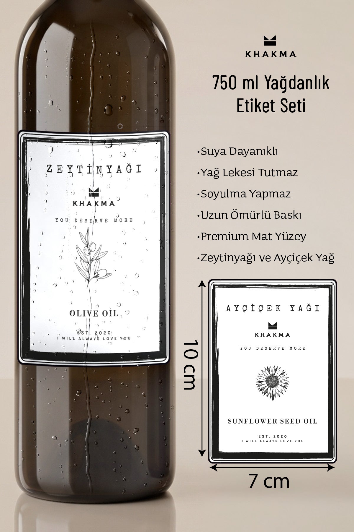 Şişeye yapıştırılmış beyaz zeytinyağı etiketi ve etiket özellikleri listesi