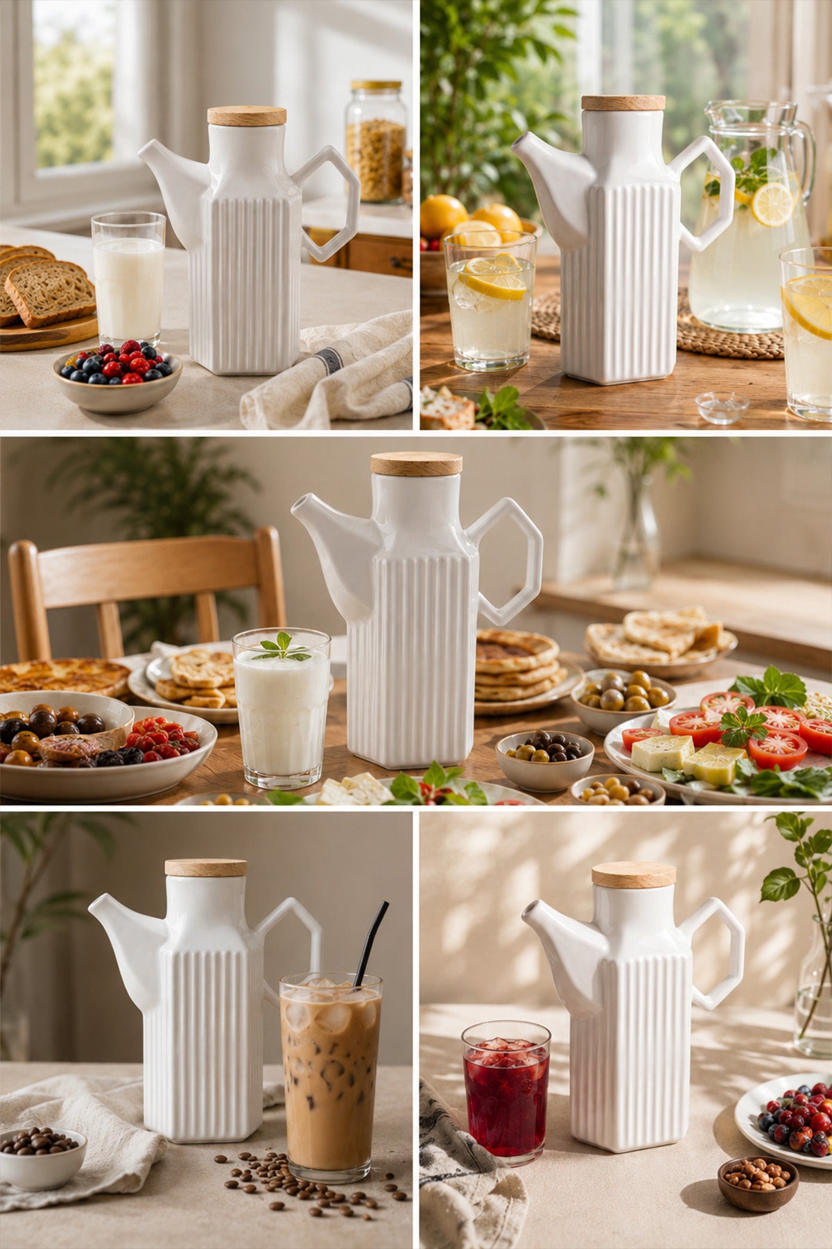 Süt, limonata, ayran ve soğuk kahve servisinde kullanılan seramik sürahi kolajı