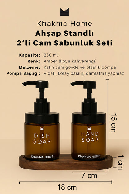 Ahşap standlı 2'li cam sabunluk seti ölçüleri: 250 ml, 15 cm şişe, 18 cm stand