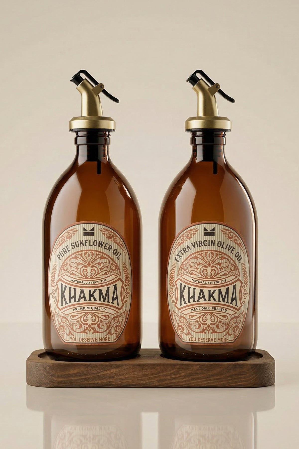 Koyu ahşap stand üzerinde gold başlıklı 2'li 500 ml amber cam yağdanlık seti