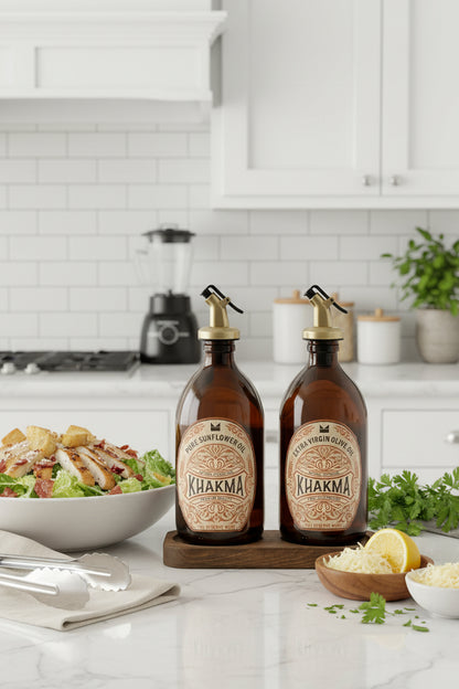 Salata ve limonla beyaz mutfak tezgâhında ahşap standlı amber yağdanlık seti