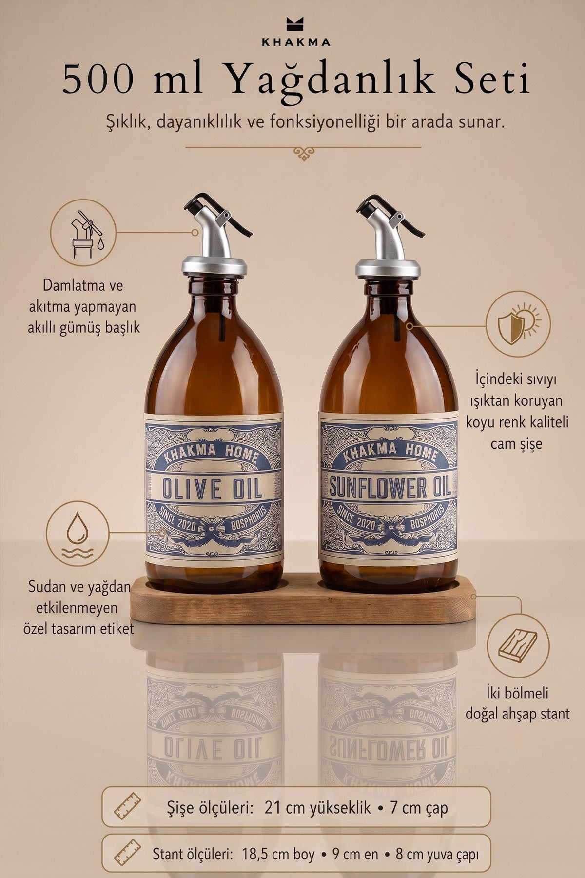 500 ml yağdanlık seti ölçüleri: şişe 21 cm yükseklik 7 cm çap, stand 18,5 x 9 cm