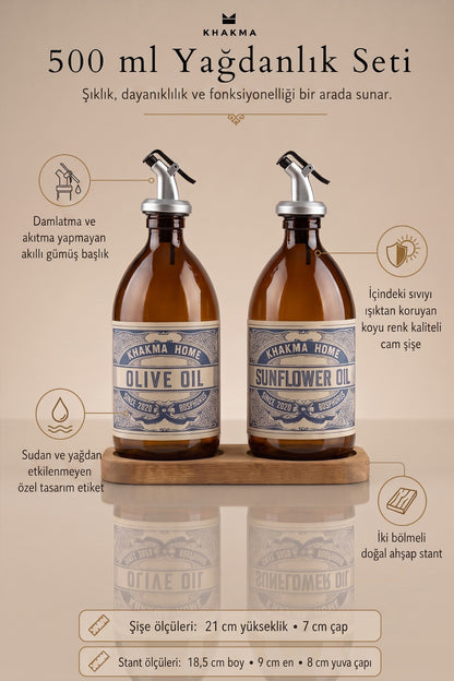 500 ml yağdanlık seti ölçüleri: şişe 21 cm yükseklik 7 cm çap, stand 18,5 x 9 cm