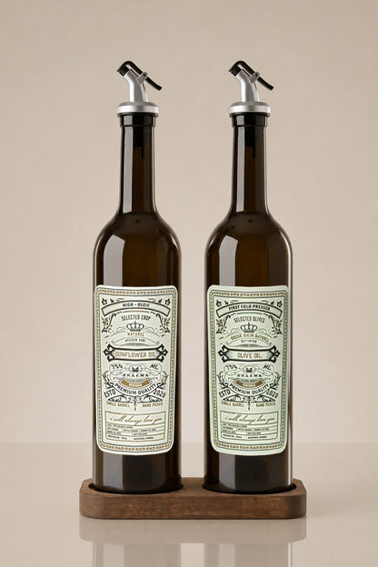 Açık fonda ahşap stand üzerinde vintage etiketli iki adet 750 ml koyu cam yağdanlık
