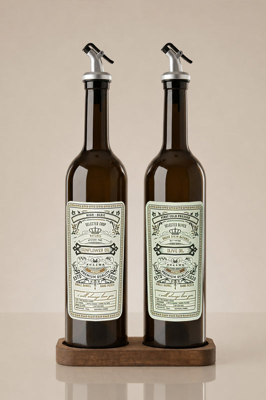 Açık fonda ahşap stand üzerinde vintage etiketli iki adet 750 ml koyu cam yağdanlık