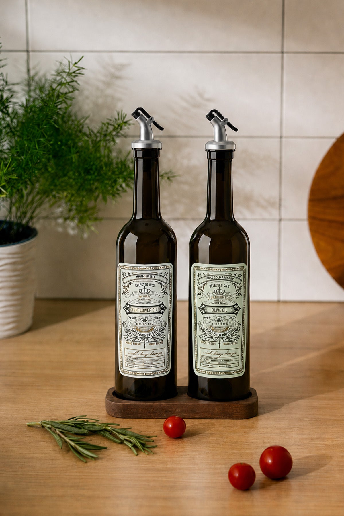 Biberiye ve kiraz domateslerle ahşap tezgâhta 750 ml yağdanlık seti