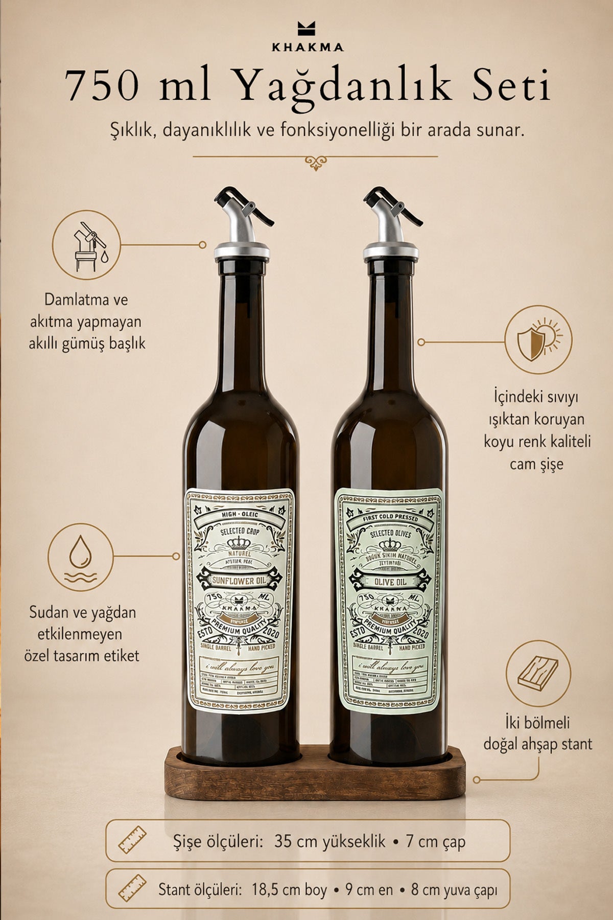 Ölçüleri ve özellikleriyle 750 ml yağdanlık seti tanıtım görseli: 35 cm şişe, 18,5 cm stand