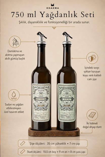 Ölçüleri ve özellikleriyle 750 ml yağdanlık seti tanıtım görseli: 35 cm şişe, 18,5 cm stand