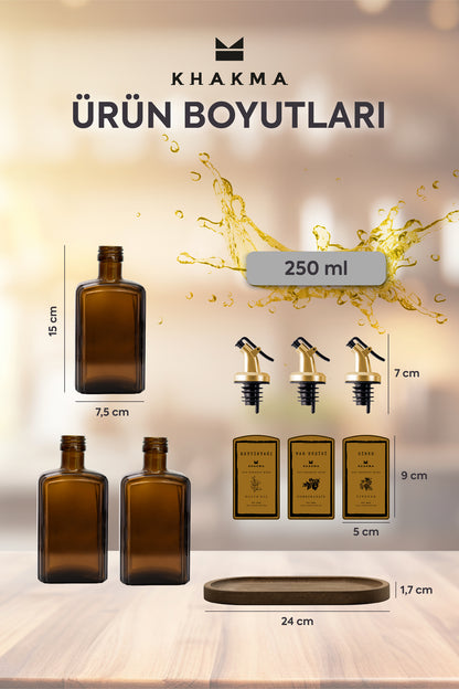 3'lü yağdanlık seti ürün boyutları: 250 ml şişe 15 x 7,5 cm, stant 24 cm