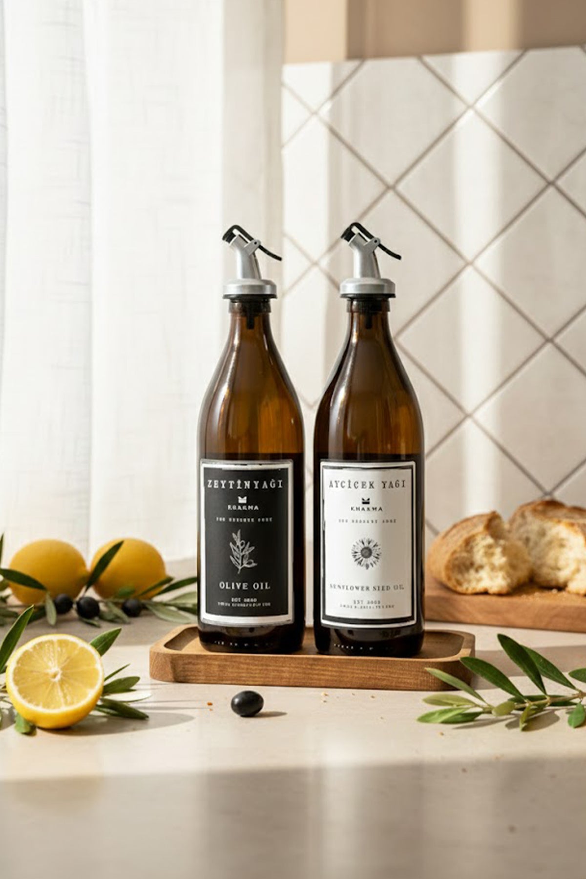 Limon, zeytin dalı ve ekmek yanında ahşap standlı yağdanlık seti