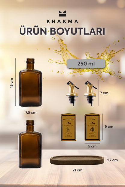 Amber cam şişe, gold başlık, etiket ve ahşap standın ölçülerini gösteren görsel
