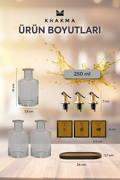 Gold etiketli 3'lü yağdanlık seti ölçüleri: 250 ml şişe 15 x 7,5 cm, stant 24 cm