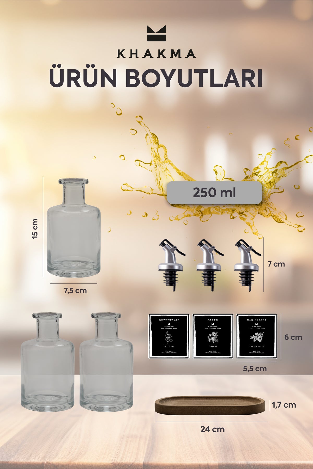 Şişe, başlık, etiket ve stand ölçülerinin gösterildiği 250 ml yağdanlık seti