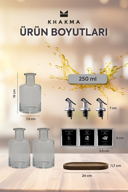 Şişe, başlık, etiket ve stand ölçülerinin gösterildiği 250 ml yağdanlık seti