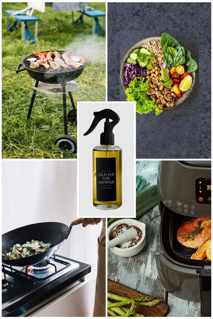 Mangal, salata, wok ve airfryer kullanım alanlarıyla cam yağ spreyi kolajı