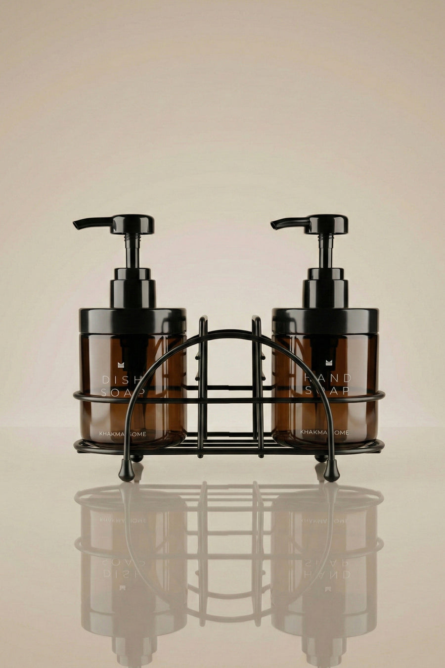 Amber Cam 2'li Sabunluk Seti – 250 ml, Siyah Metal Standlı El ve Bulaşık Sabunu
