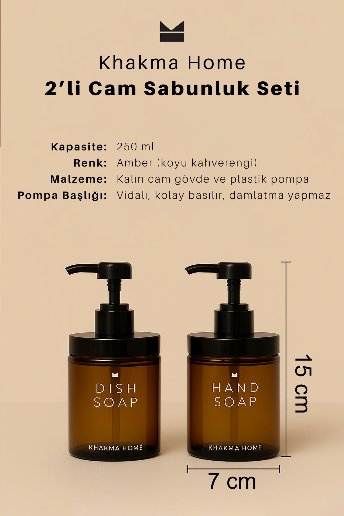 2'li cam sabunluk seti ölçüleri: 15 cm yükseklik, 7 cm genişlik, 250 ml