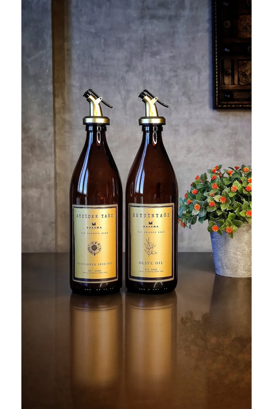 Amber Cam 2'li Yağdanlık Seti – 500 ml, Gold Başlıklı, Stantsız