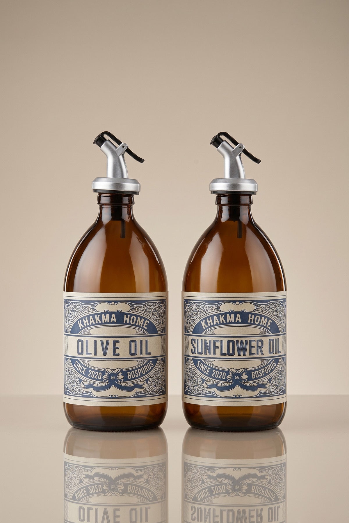 Olive Oil ve Sunflower Oil vintage etiketli 500 ml amber cam 2'li yağdanlık seti