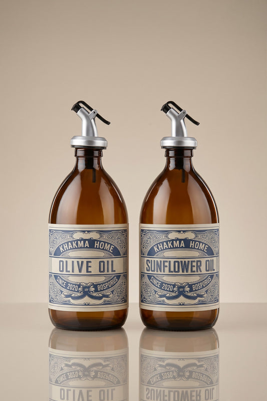 Olive Oil ve Sunflower Oil vintage etiketli 500 ml amber cam 2'li yağdanlık seti