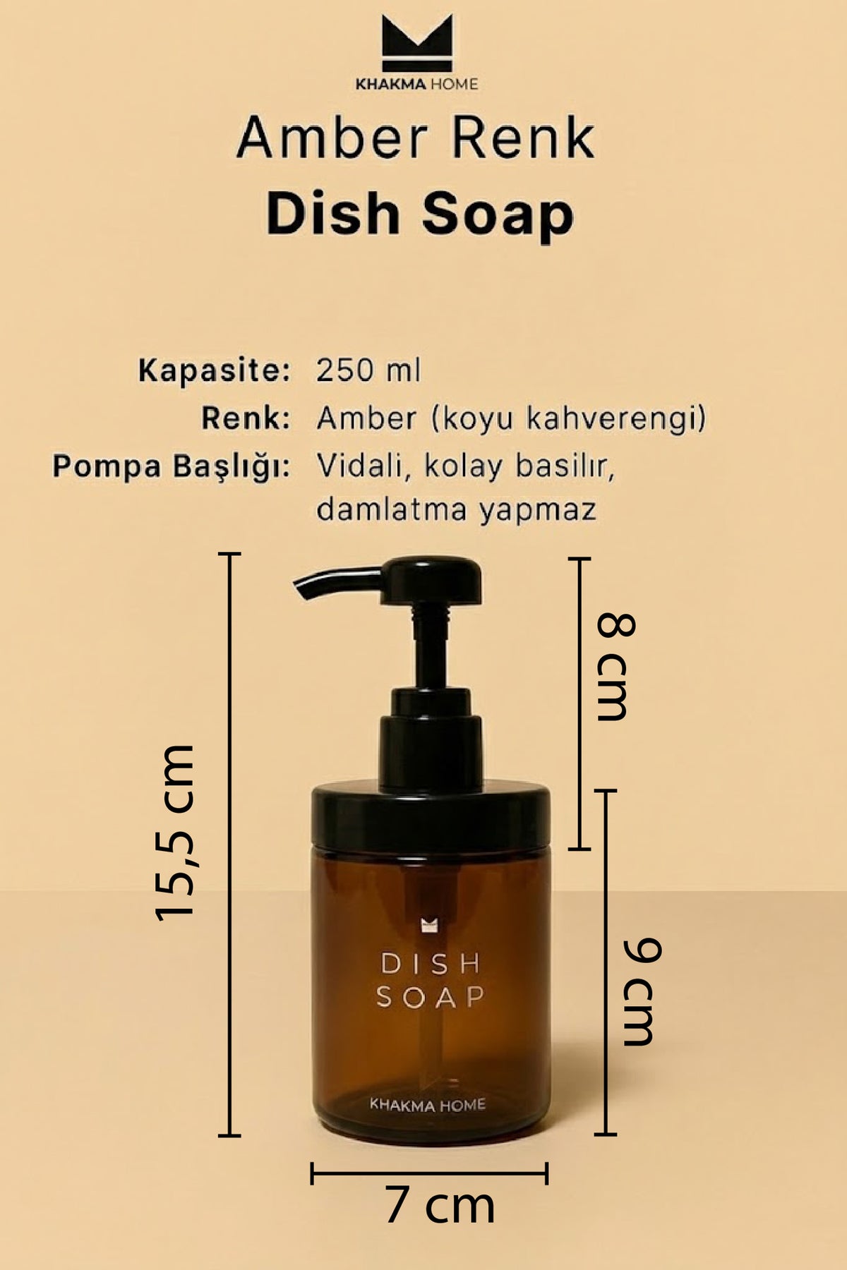 Ölçüleri işaretli 250 ml amber Dish Soap şişe: 15,5 cm boy, 7 cm çap