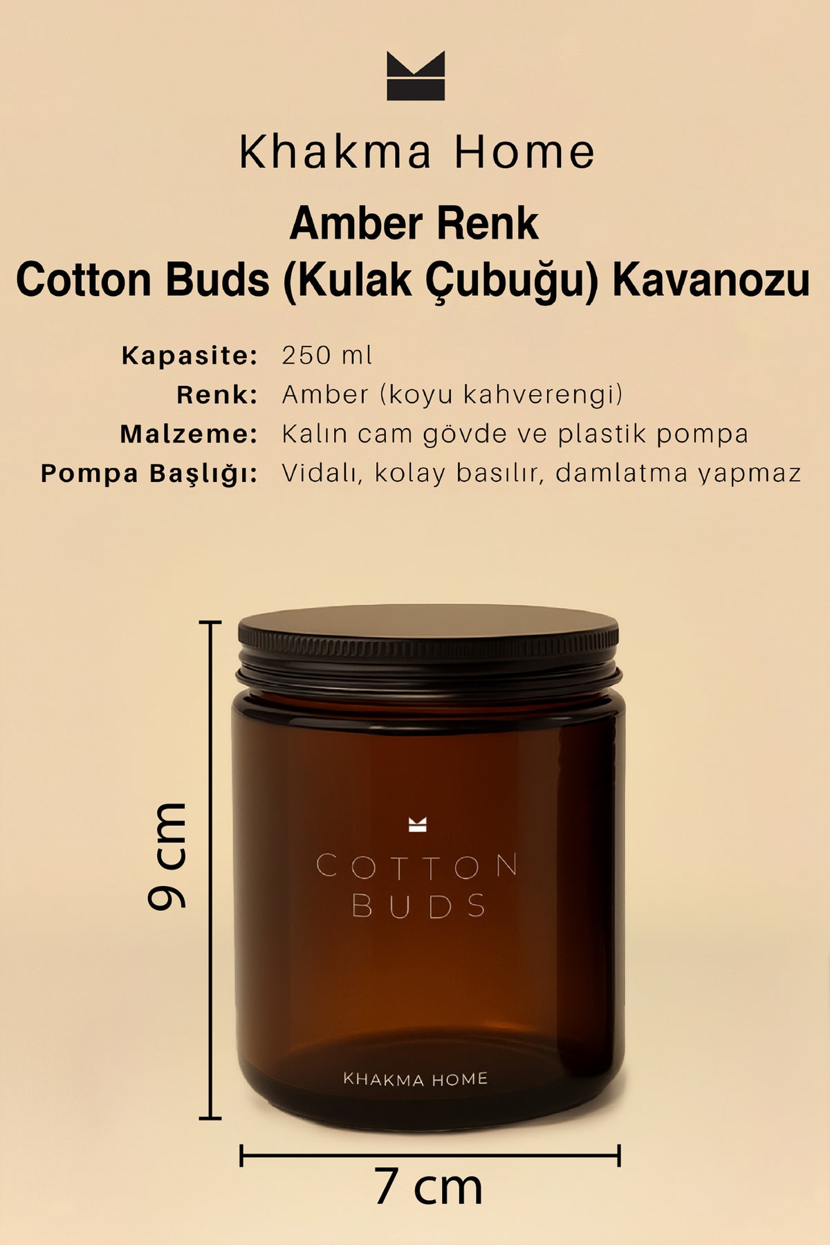 Amber cam Cotton Buds kavanozu ölçüleri: 9 cm yükseklik, 7 cm çap
