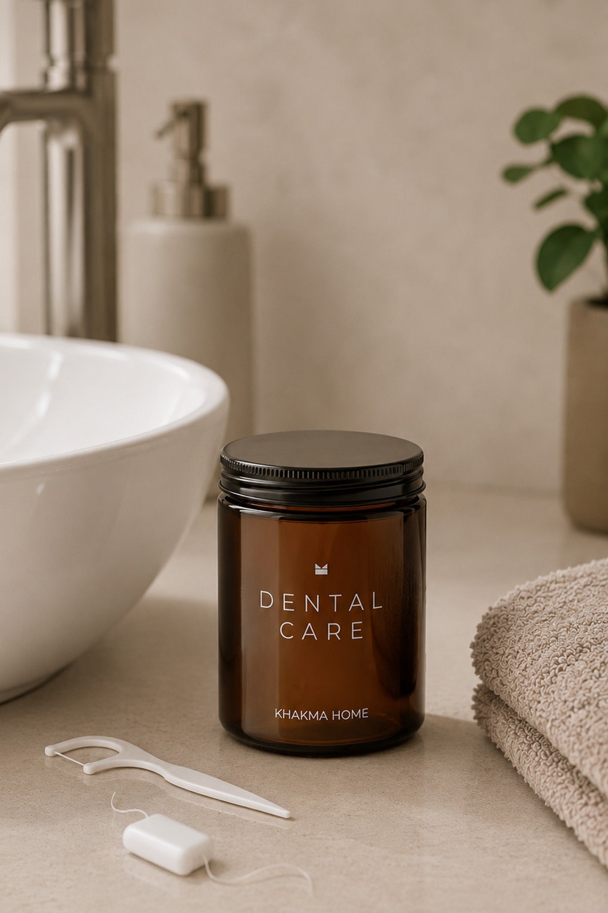 Lavabo kenarında havlu ve diş ipinin yanında duran amber cam Dental Care kavanozu