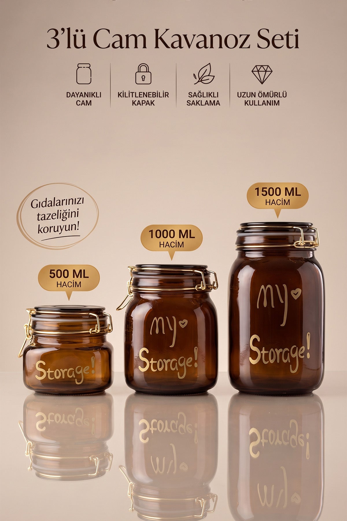 3'lü cam kavanoz seti boyları: 500 ml, 1000 ml ve 1500 ml