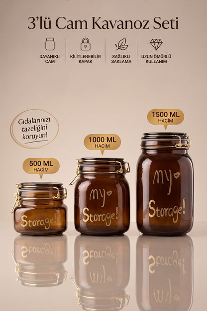 3'lü cam kavanoz seti boyları: 500 ml, 1000 ml ve 1500 ml