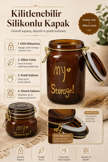Kilitlenebilir silikonlu kapak özellikleri anlatan amber cam kavanoz infografiği