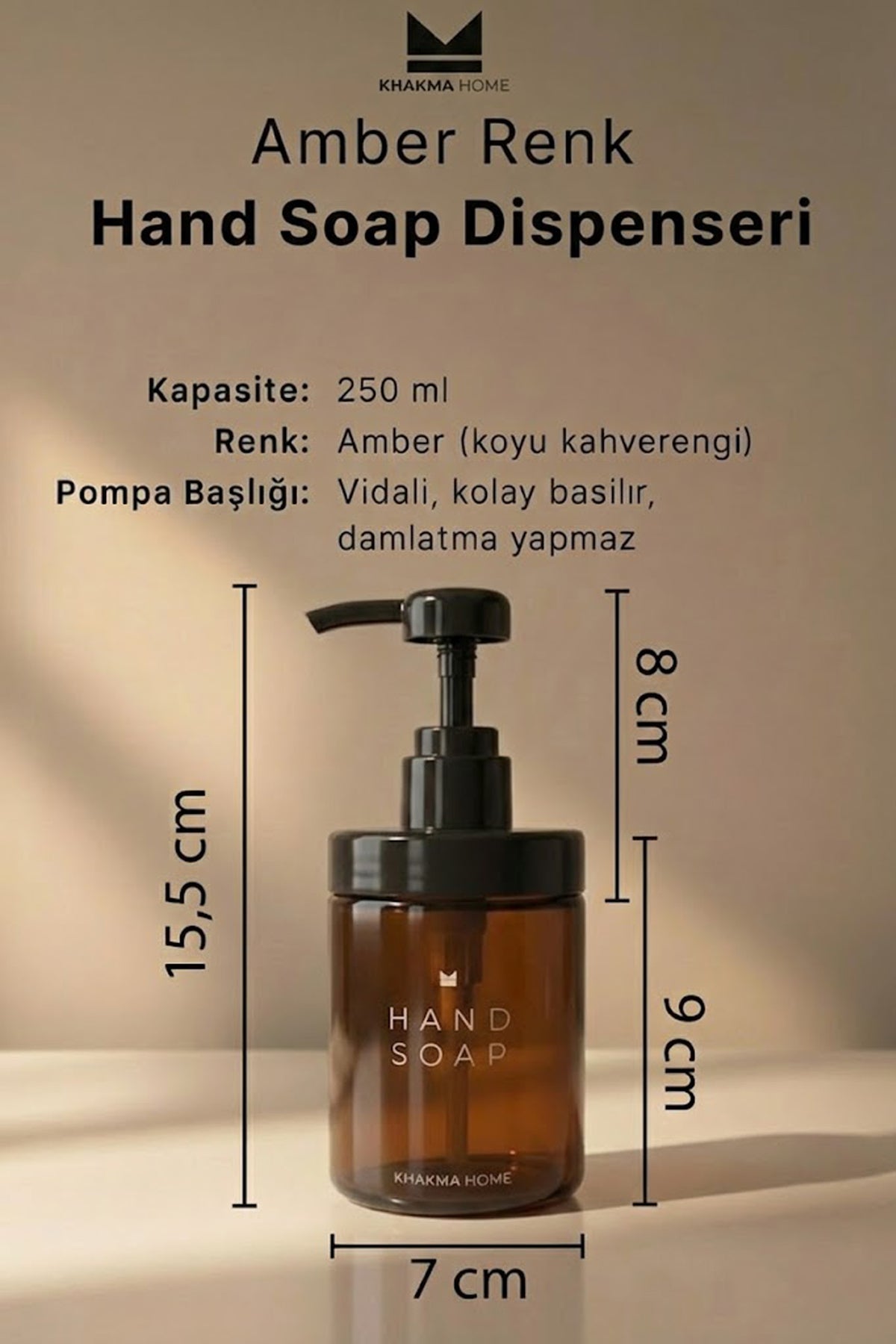 Amber cam Hand Soap dispenseri ölçüleri: 15,5 cm yükseklik, 7 cm genişlik, 250 ml
