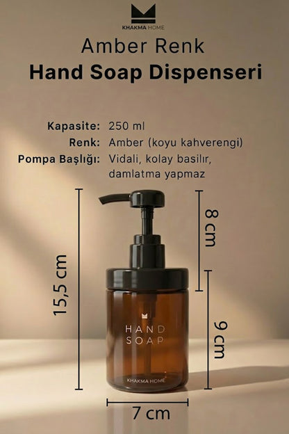 Amber cam Hand Soap dispenseri ölçüleri: 15,5 cm yükseklik, 7 cm genişlik, 250 ml