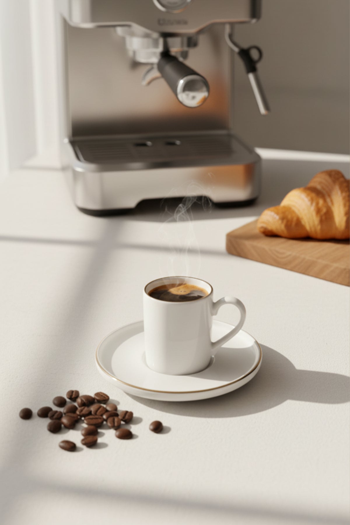 Espresso makinesi önünde kruvasan ve kahve çekirdekleriyle dolu Aurelia kahve fincanı