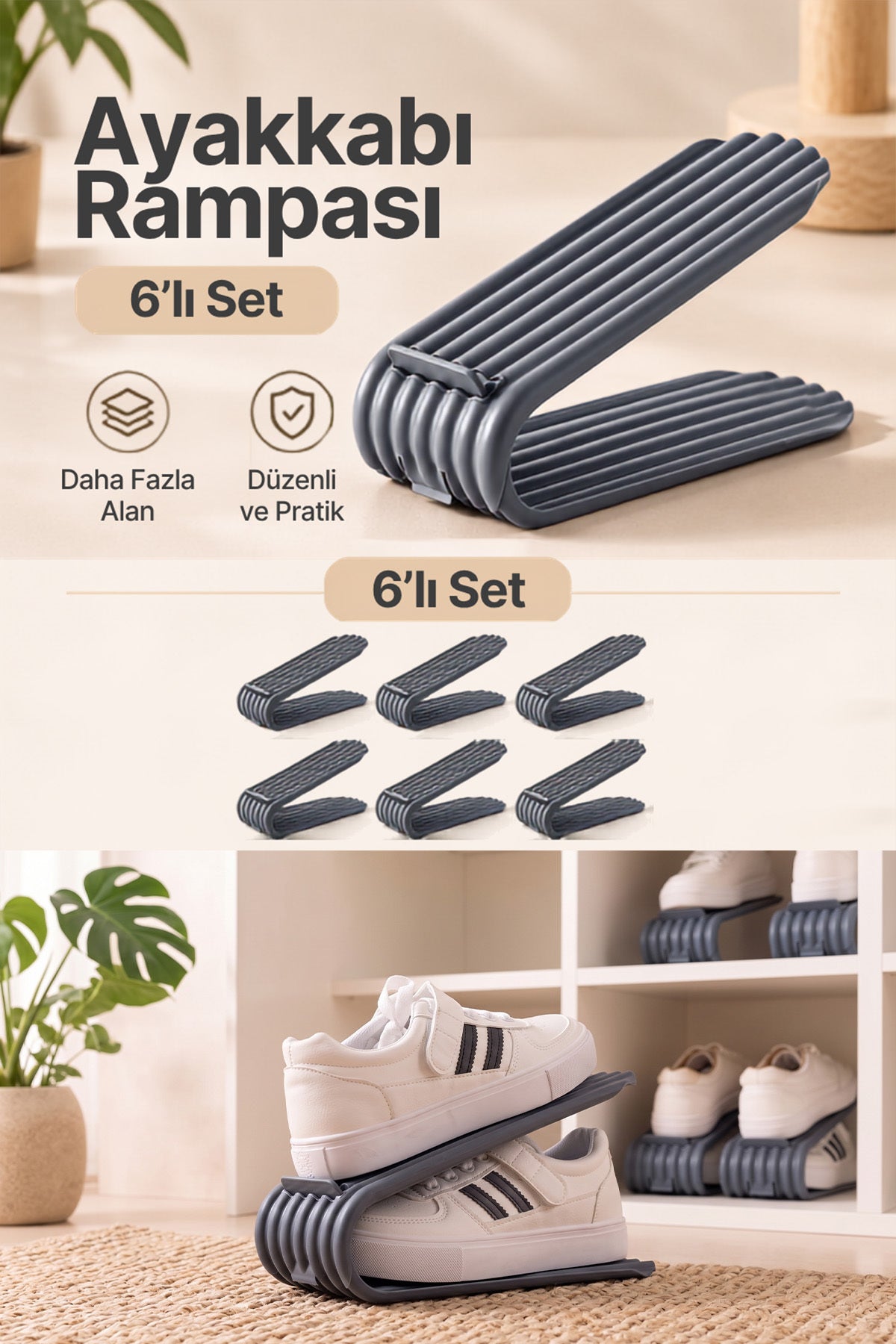 Ayakkabı rampası 6'lı set tanıtım görseli ve raf içinde rampada duran spor ayakkabı