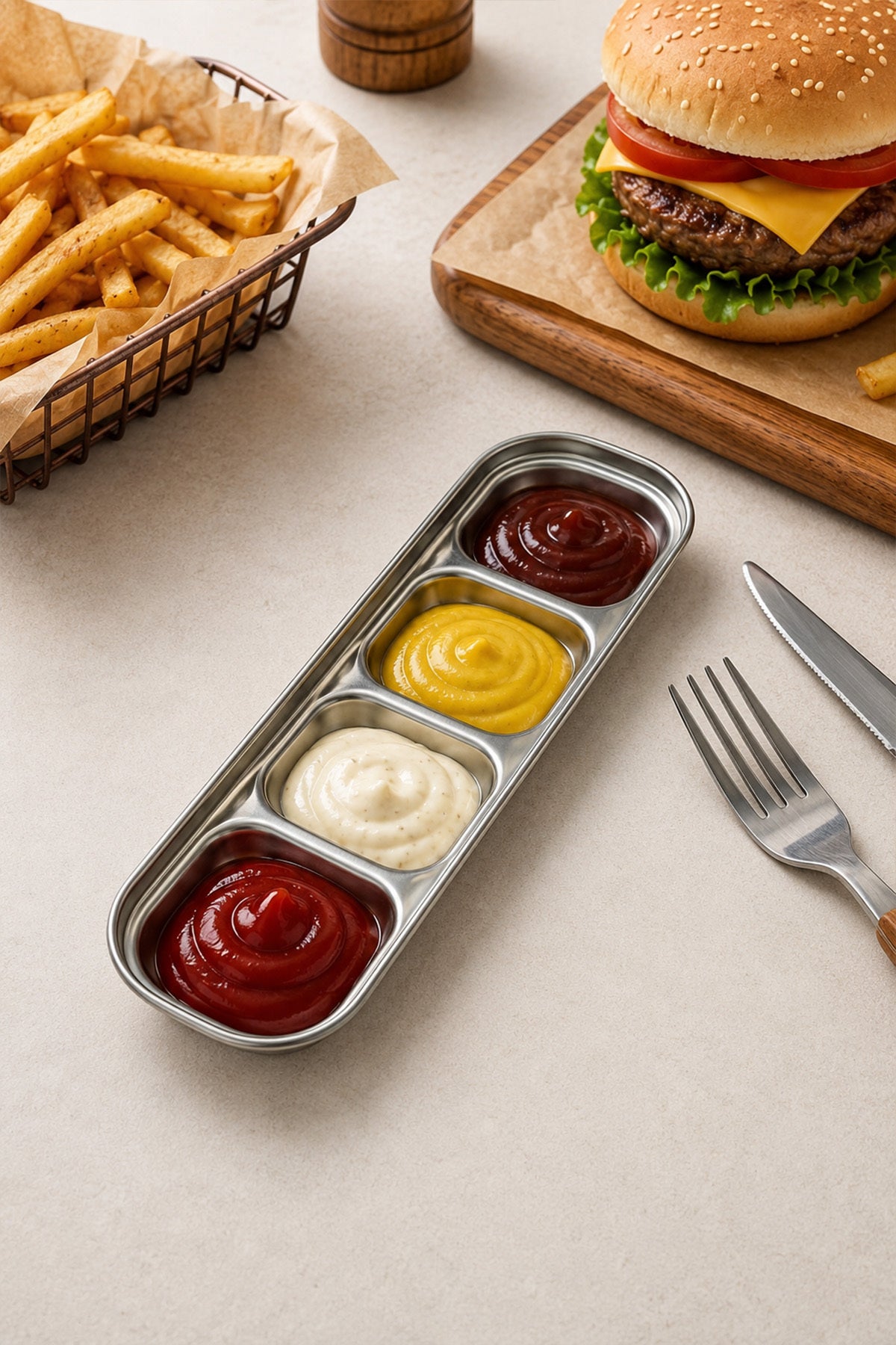 Hamburger yanında 4 gözlü gümüş soslukta ketçap, hardal ve mayonez